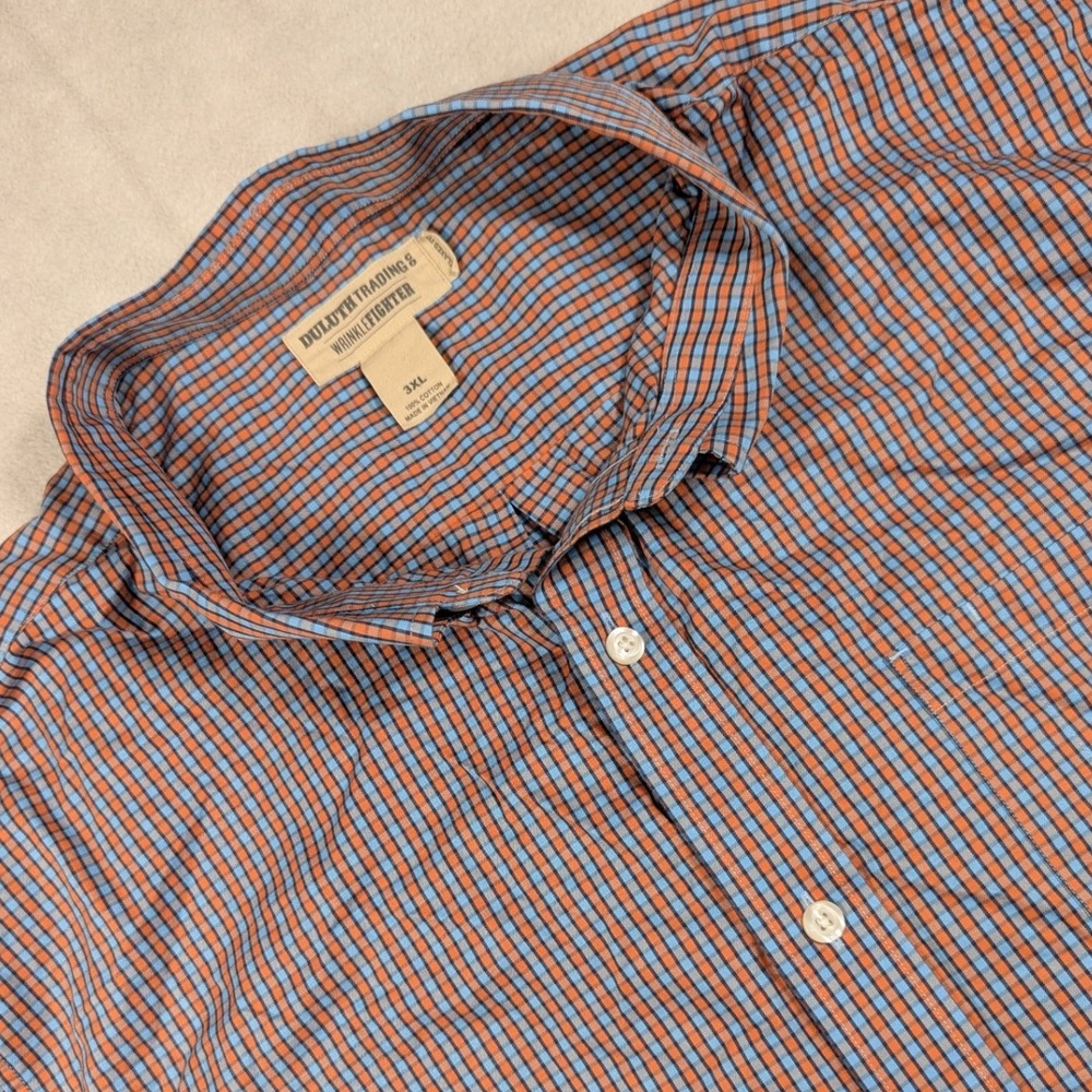 Duluth Trading Co Wrinklefighter Shirt Mens 3XL Relaxed Fit Orange Blue Check SS